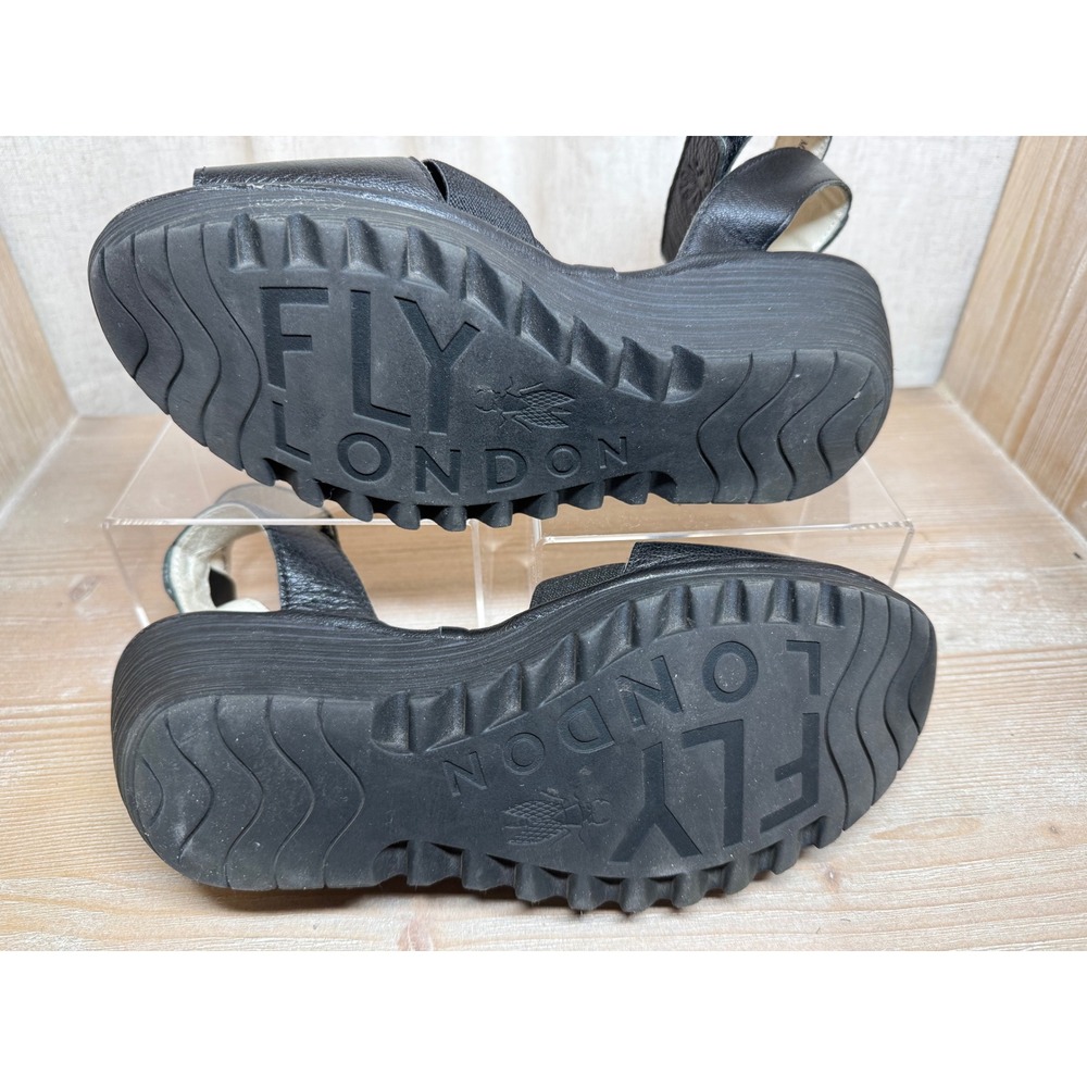 Fly London Yala Black Leather Wedge Sandals Platform Ankle Strap Womens 40 - Picture 7 of 11